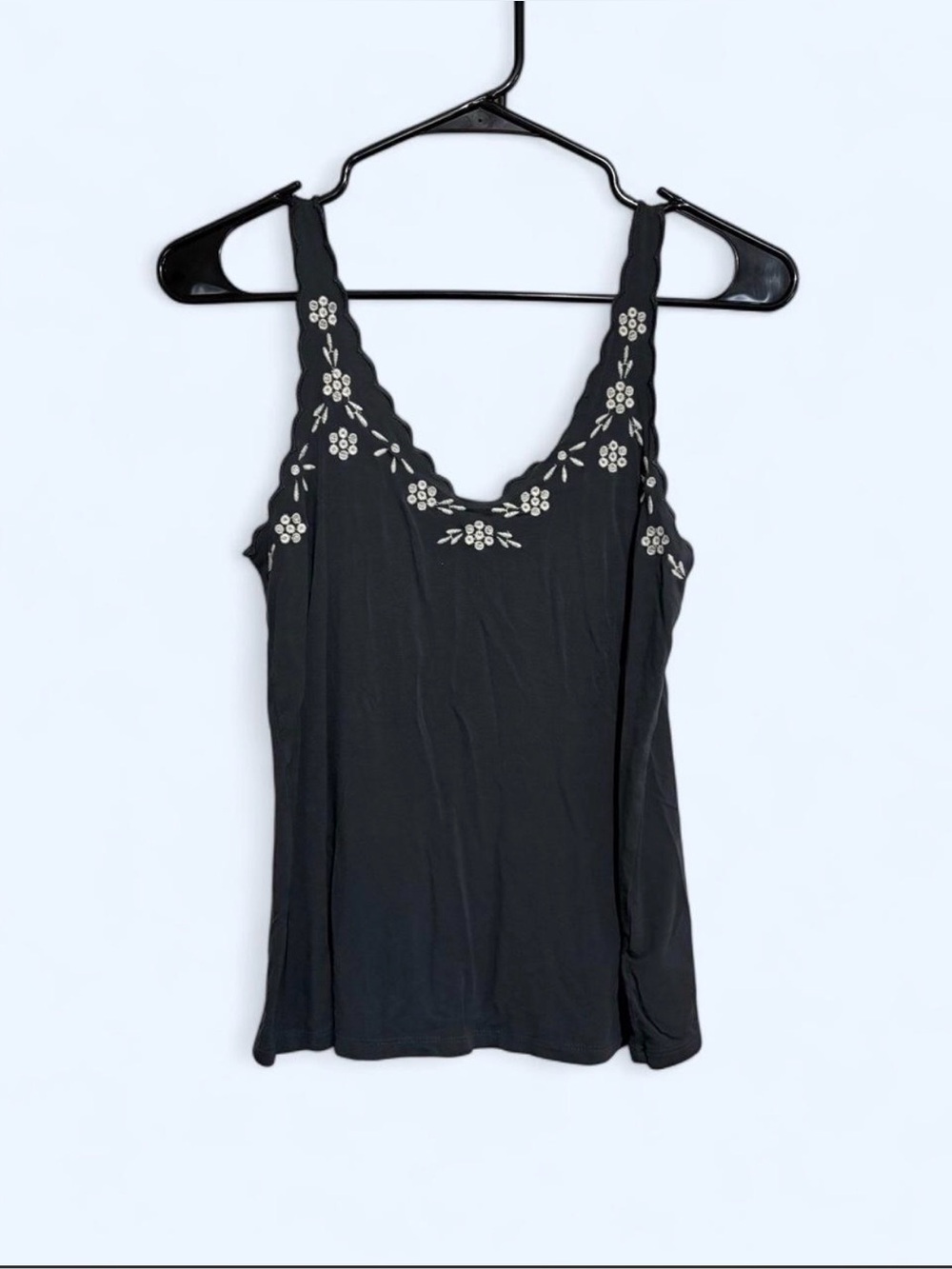 American Eagle Black Tank with White Floral Embroidery